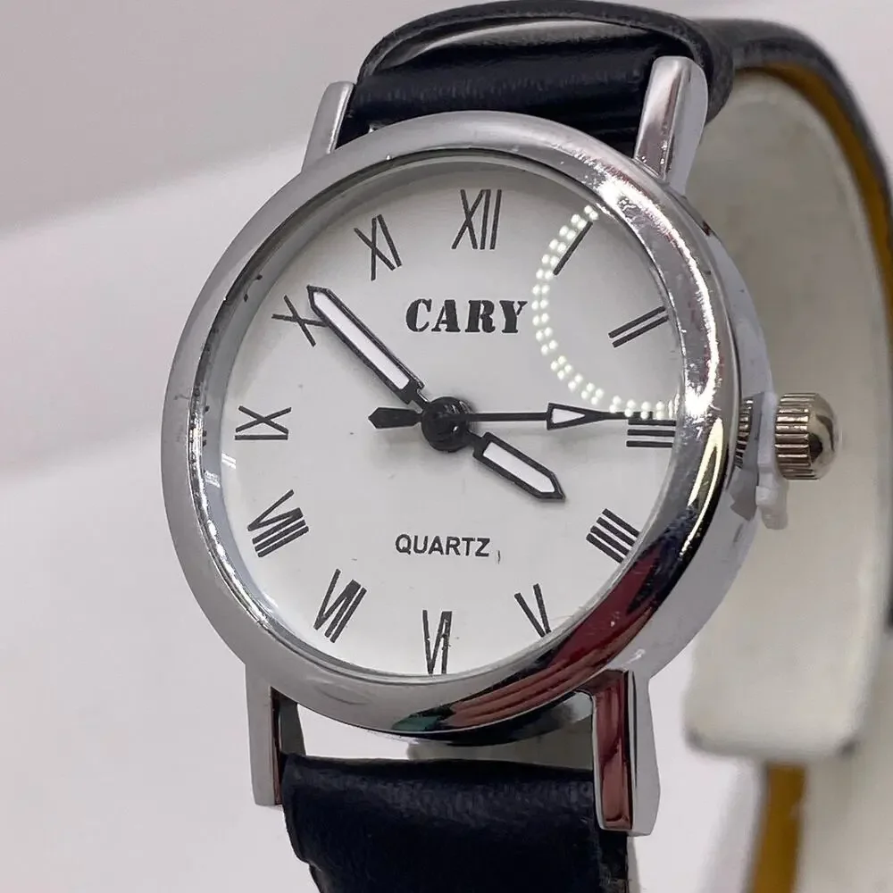 Cary Womens Silver Tone Black Leather Watch Works New Battery